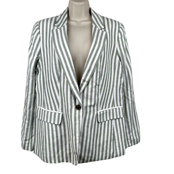 LOFT Striped Modern Blazer Jacket Linen Green White 10 Coastal Preppy Office - Picture 1 of 14